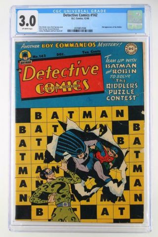 Detective Comics 142 - Cgc 3.  0 Gd/vg - Dc 1948 - Batman - 2nd App Riddler