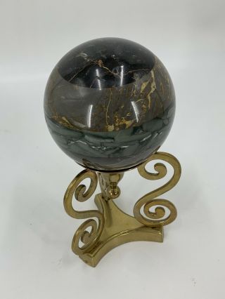 Vintage Solid Marble Ball Sphere Orb On Brass Stand