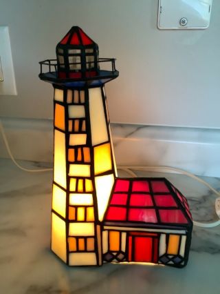 Tiffany Style Stained Glass Nautical Lighthouse Lamp / Night Lite 9 3/4 " Tall.