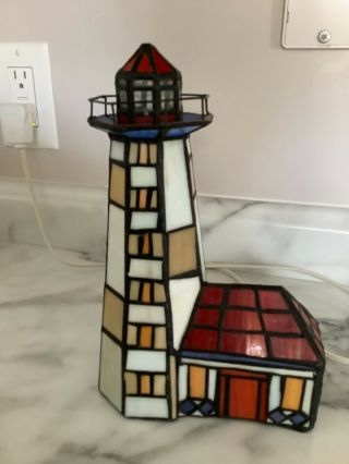 Tiffany Style Stained Glass Nautical Lighthouse Lamp / Night Lite 9 3/4 