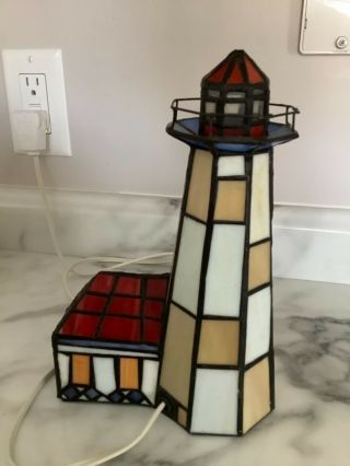 Tiffany Style Stained Glass Nautical Lighthouse Lamp / Night Lite 9 3/4 