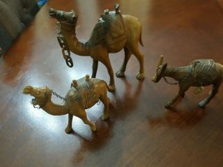 Set Of 3 Olive Wood Hand Carved Nativity Figurines 2 Camels 1 Donkey With Chains