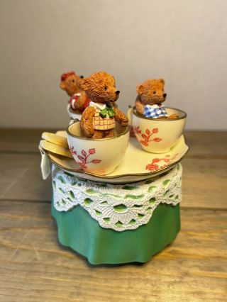 Vintage Enesco Teddy Bear Tea Cups Rotating Music Box 1997 Teddy Bear Picnic