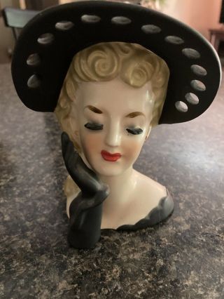 Vintage Napco Ceramic Lady Head Vase C569 Black Hat,  Dress And Glove