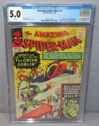 Spider - Man 14 (green Goblin 1st App,  Hulk) Cgc 5.  0 Vg/fn Marvel 1964