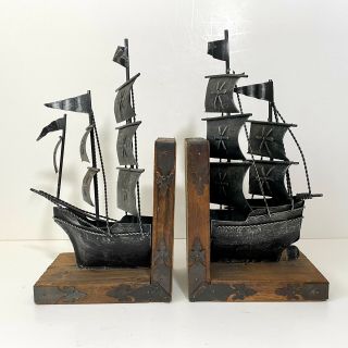 Vintage Wood And Metal Sailing Ship Boat Schooner Bookends