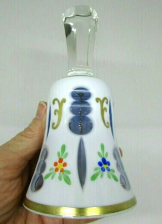 Vintage Czech Bohemian White Cut To Light Blue Hand Painted Glass Dinner Bell