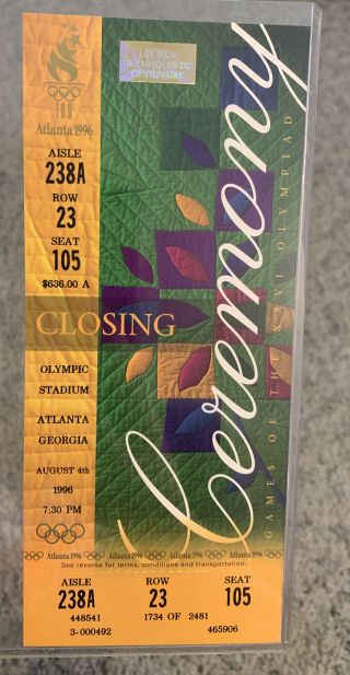 1996 Atlanta Olympics Ticket Atlanta Olympic Closing Ceremony Aug 4 1996 Ticket