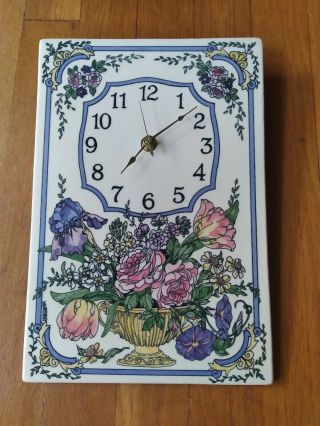 Vintage Santa Barbara Ceramic Design Tile Wall Clock 11.  5” X 8 Floral Multicolor
