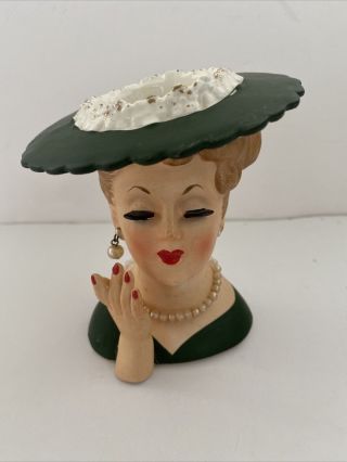 Lady Head Vase Handpainted Vintage 1958 C3343c Napco Japan Green Dress As - Is