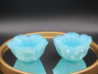 Pair Aqua Blue Milk Glass Lotus Flower Votive Candle Holders Fenton?