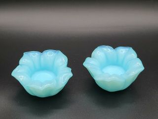 Pair Aqua Blue Milk Glass Lotus Flower Votive Candle Holders Fenton? 2