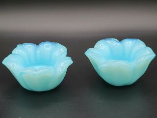 Pair Aqua Blue Milk Glass Lotus Flower Votive Candle Holders Fenton? 3