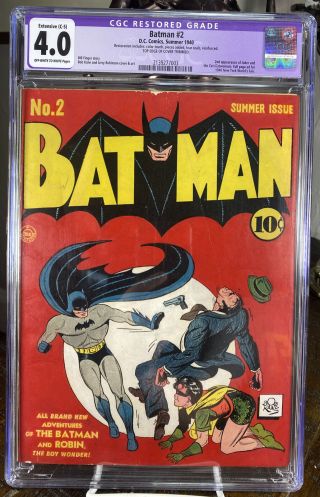 1940 Batman Vol 1 Issue 2 Dc Golden Age Restored Cgc 4.  0 Iconic Item