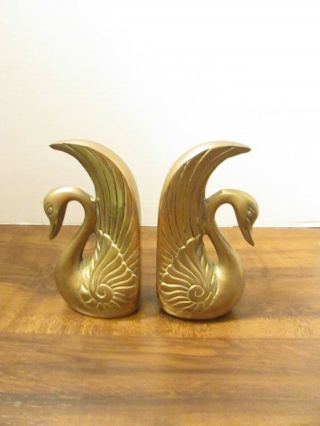 Pair Solid Brass Swan Bookends Vintage Mid Century Modern 6 " Tall