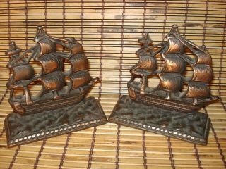 Vintage Pair Cast Iron Bookends - Ships - The Constitution