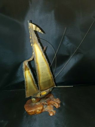 Vintage Signed Brass Sailboat Sculpture on Wood Base with Seagull Unique 2