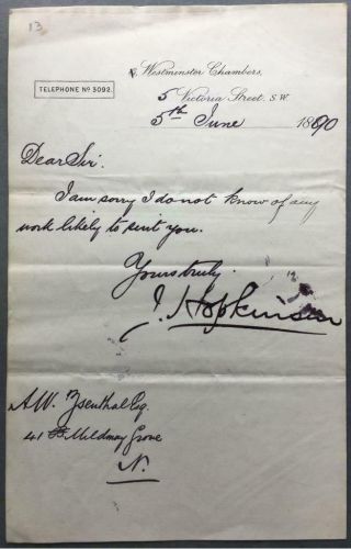 John Hopkinson,  Physicist,  Mountaineer,  Signed Note 1890
