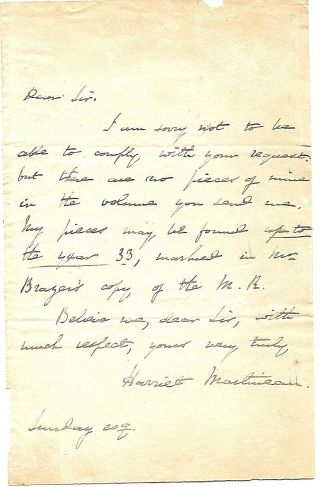 Harriet Martineau Signed Autographed Letter (1802 - 1876) Auther