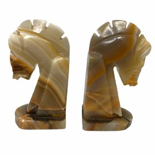 Vintage Trojan Horse Head Bookends Carved Onyx Rock Marble Stone Book Ends