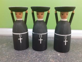 Set Vintage Wooden Nuns Candle Holders Hand Painted Collectible Home Decor
