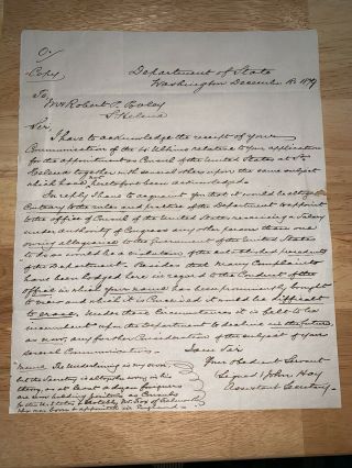 Rare 1879 Secretary Of State John Hay,  Abraham Lincoln Secretary Signed Letter