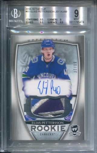 Elias Pettersson Bgs 9 2018 - 19 The Cup Hockey 61 Rookie Jersey Patch Auto /99