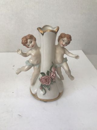 Vintage Ceramic Small Vase Urn With Two Cherubs And Roses Cupids Mid Century Mcm