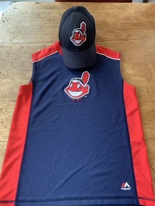 Youth Size M Cleveland Indians Majestic Mlb Sleeveless Shirt & Baseball Cap Hat