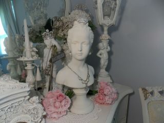 Shabby Vintage French Reprod.  Houdon Lady / Girl Statue Bust W/ Necklace &&