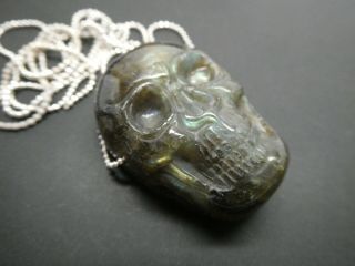 Natural Carved Labradorite Gemstone Skull Face Bead Pendant Chain Necklace 24 "