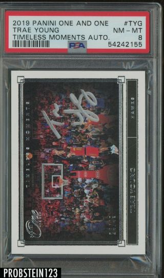 2019 - 20 Panini One And One Timeless Moments Trae Young Silver Auto /49 Psa 8