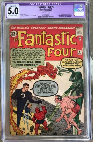 Fantastic Four 6 (1962) Cgc 5.  0 - 1st Marvel Villain Team - Up; 2nd Doom Restored