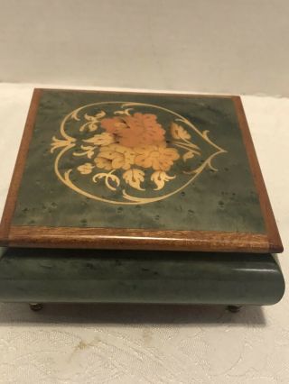 Vtg Reuge Wooden Jewelry Music Box Floral Inlay Italy Swan Lake - Minty - 5 " X5 " Grn