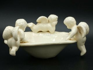 Antique Ceramic Dish Bowl With 3 Angel Figure On The Edges Of The Jewelry Soap