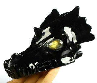 5.  5 " Black Obsidian Carved Crystal Dragon Skull With Labradorite Eyes