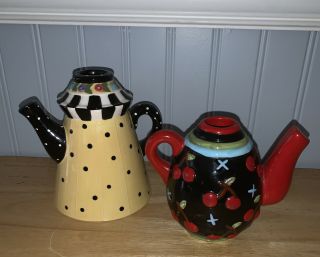 Mary Engelbreit At Home " Tea Pot Candle Stick Holders " (set Of 2) 1998 Euc