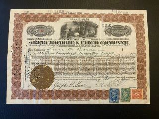 1920 Abercrombie & Fitch Company Stock Certificate Signed By Ezra Fitch Rare