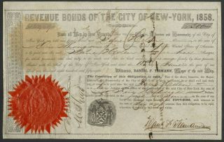 1858 Revenue Bond Of The City Of York – Mayor Daniel F.  Tiemann