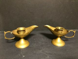 Solid Brass Mid Century Aladdin Genie Lamp Candle Holders Candlesticks