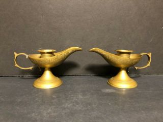 SOLID BRASS MID CENTURY ALADDIN GENIE LAMP CANDLE HOLDERS CANDLESTICKS 2