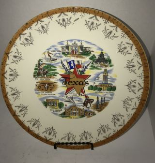 Vintage Texas The Lone Star State Souvenir Decorative Plate 10” Gold Trim