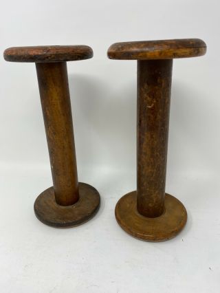2 Vintage Antique Wooden Textile Spools 9 " Tall Candle Holders Country Decor
