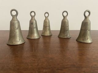 Vintage Set Of 5 Etched Bells Made In India,  Different Sounds,  Markings Similar