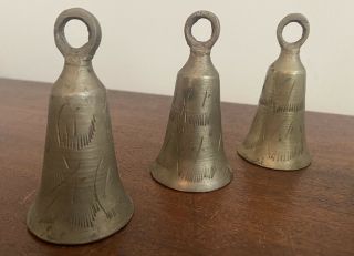 Vintage Set of 5 Etched Bells Made in INDIA,  different sounds,  markings similar 2