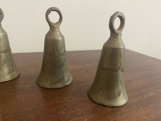 Vintage Set of 5 Etched Bells Made in INDIA,  different sounds,  markings similar 3