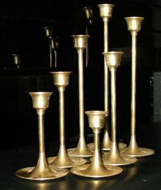 Vintage Set Of 7 Solid Brass Thin Graduated Candlestick Candle Holders,  3 To 9