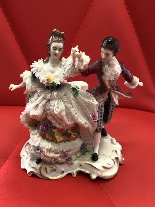 Vintage Volkstedt Germany Dancing Couple Figurine Dresden Lace 4 1/2”