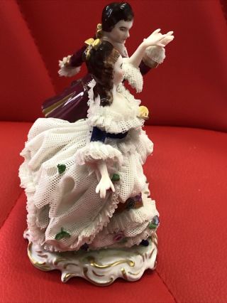 Vintage Volkstedt Germany Dancing Couple Figurine Dresden Lace 4 1/2” 2