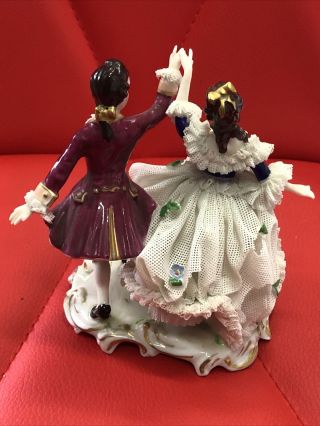 Vintage Volkstedt Germany Dancing Couple Figurine Dresden Lace 4 1/2” 3